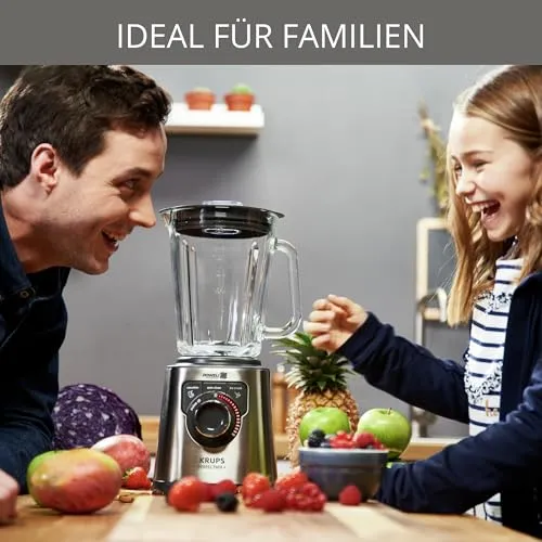 Krups KB403D Perfectmix + Hochleistungsstandmixer, 1.200W, 28.000 UpM, 2L Glasbehälter, 3 voreingestellte Programme, Powelix- Technologie, Edelstahl/Dunkelgrau