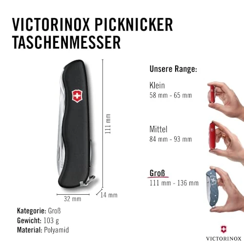 Victorinox Schweizer Taschenmesser, Picknicker, Swiss Army Knife, Multitool, 11 Funktionen, Schraubendreher, Feststellklinge, Rot