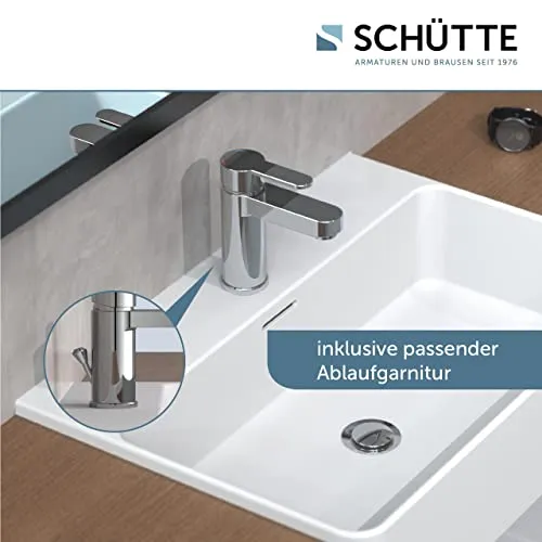Schütte ELEPHANT Waschtischarmatur, elegante Mischbatterie inkl. Ablaufventil fürs Badezimmer, Wasserhahn Bad mit Exzenter-Gestänge, Badarmatur Waschbecken chrom, 34210