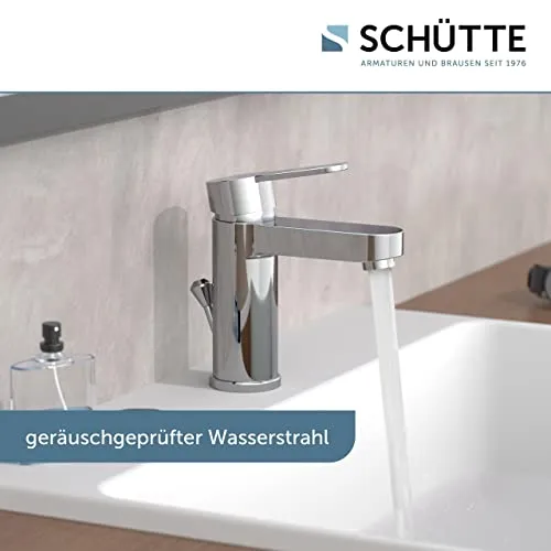 Schütte ELEPHANT Waschtischarmatur, elegante Mischbatterie inkl. Ablaufventil fürs Badezimmer, Wasserhahn Bad mit Exzenter-Gestänge, Badarmatur Waschbecken chrom, 34210