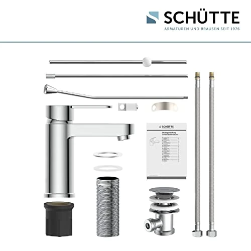 Schütte ELEPHANT Waschtischarmatur, elegante Mischbatterie inkl. Ablaufventil fürs Badezimmer, Wasserhahn Bad mit Exzenter-Gestänge, Badarmatur Waschbecken chrom, 34210