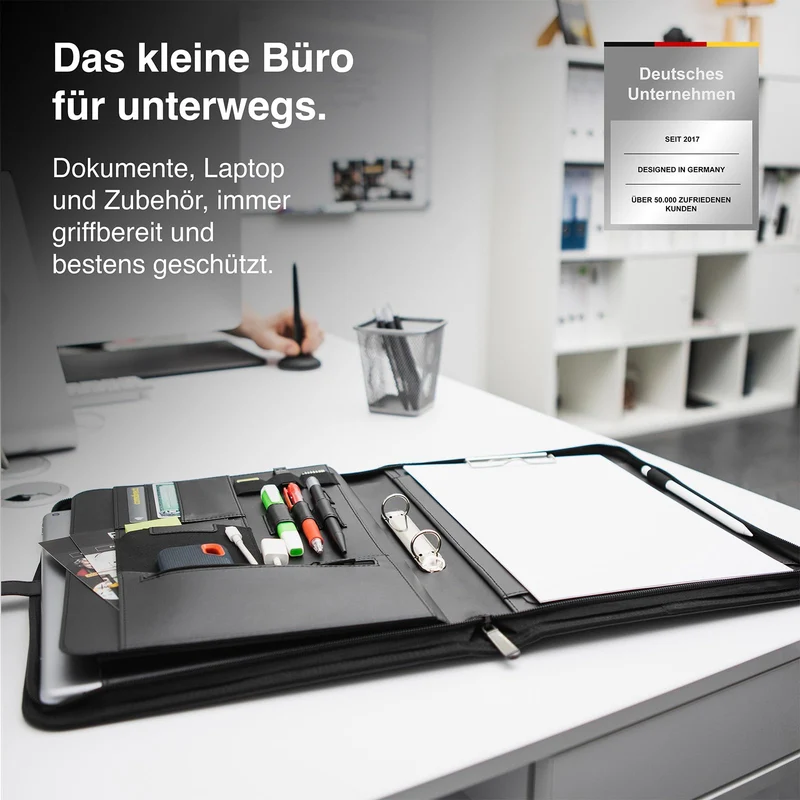 Vebon® Schreibmappe A4 Paris mit Reißverschluss & Ringbuch, Schwarz