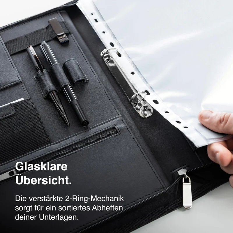 Vebon® Schreibmappe A4 Paris mit Reißverschluss & Ringbuch, Schwarz