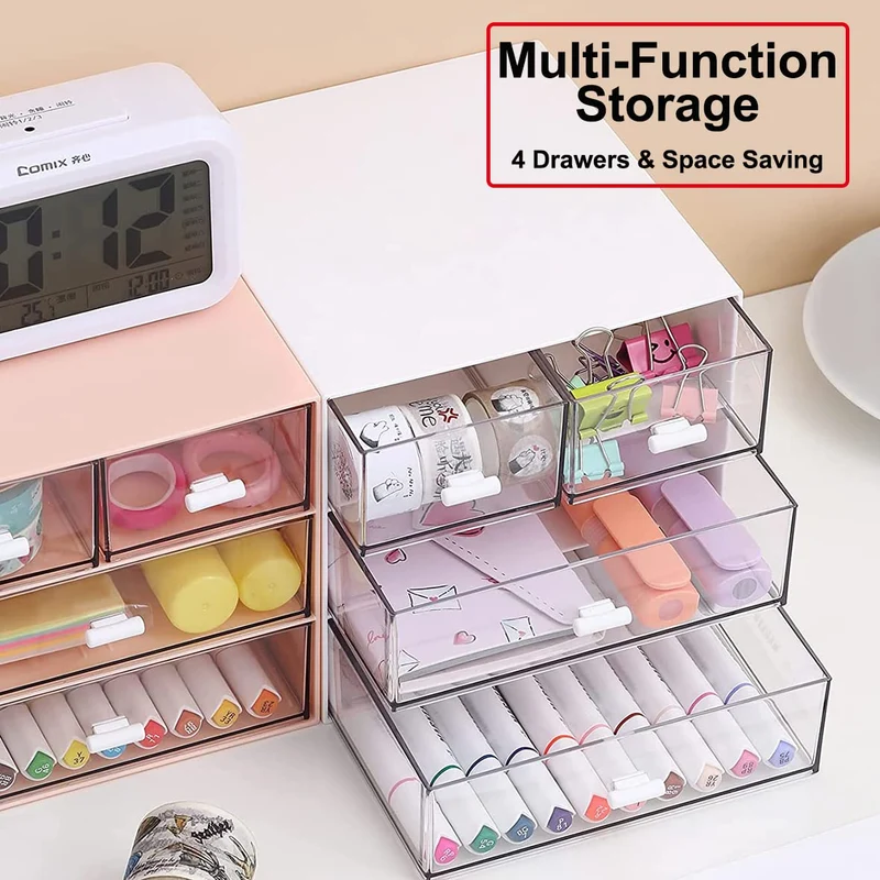 Schreibtisch-Aufbewahrung, Make-up-Aufbewahrungsbox mit 4 Schubladen, Kunststoff, Bürobedarf, Schreibtisch-Organizer für Büro, Schule, Zuhause und Badezimmer (weiß, 2 Stück)