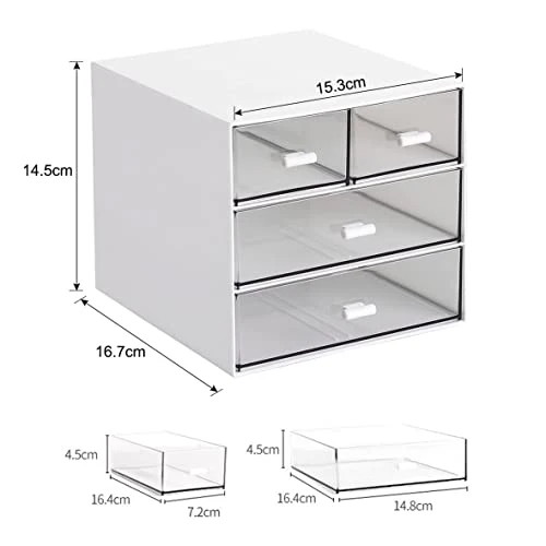 Schreibtisch-Aufbewahrung, Make-up-Aufbewahrungsbox mit 4 Schubladen, Kunststoff, Bürobedarf, Schreibtisch-Organizer für Büro, Schule, Zuhause und Badezimmer (weiß, 2 Stück)