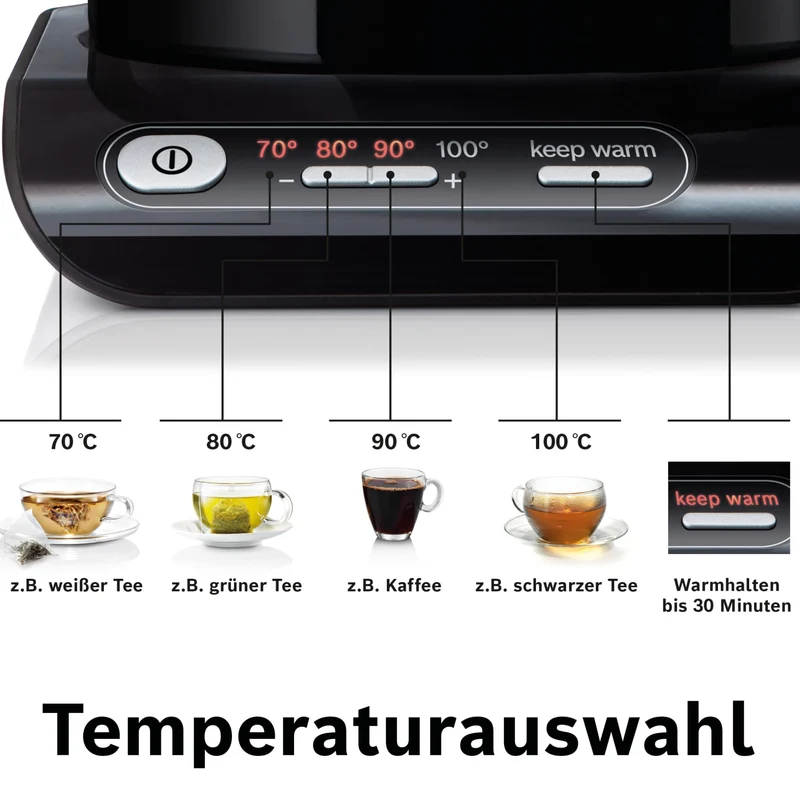Bosch kabelloser Wasserkocher TWK8613P, Abschaltautomatik, Überhitzungsschutz, Temperaturwahl, Warmhaltefunktion, 1,5 L, 2400 W, schwarz