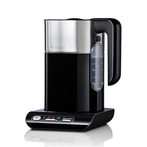 Bosch kabelloser Wasserkocher TWK8613P, Abschaltautomatik, Überhitzungsschutz, Temperaturwahl, Warmhaltefunktion, 1,5 L, 2400 W, schwarz