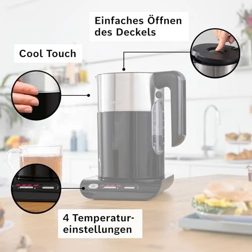 Bosch kabelloser Wasserkocher TWK8613P, Abschaltautomatik, Überhitzungsschutz, Temperaturwahl, Warmhaltefunktion, 1,5 L, 2400 W, schwarz