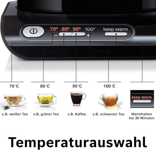Bosch kabelloser Wasserkocher TWK8613P, Abschaltautomatik, Überhitzungsschutz, Temperaturwahl, Warmhaltefunktion, 1,5 L, 2400 W, schwarz