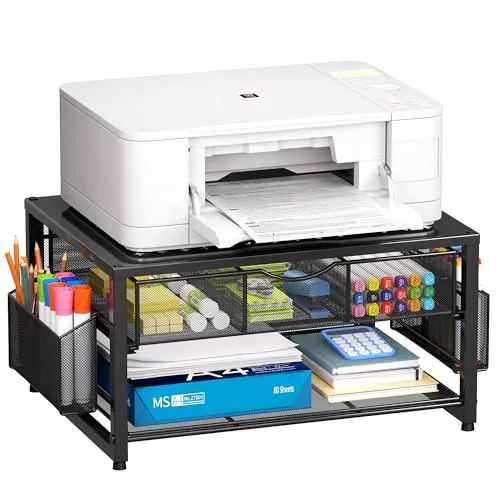Marbrasse 2-Tier Druckerständer und Aufbewahrung,Monitor Stand with Drawer and 2 Pen Holders,Büroartikel Organizer aus Metall,Mehrzweck Schreibtisch Organizer für Faxgerät Scanner Computer (Schwarz)