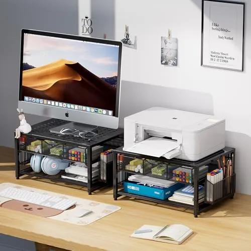 Marbrasse 2-Tier Druckerständer und Aufbewahrung,Monitor Stand with Drawer and 2 Pen Holders,Büroartikel Organizer aus Metall,Mehrzweck Schreibtisch Organizer für Faxgerät Scanner Computer (Schwarz)