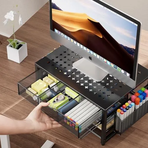 Marbrasse 2-Tier Druckerständer und Aufbewahrung,Monitor Stand with Drawer and 2 Pen Holders,Büroartikel Organizer aus Metall,Mehrzweck Schreibtisch Organizer für Faxgerät Scanner Computer (Schwarz)