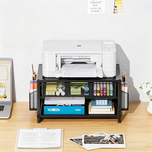 Marbrasse 2-Tier Druckerständer und Aufbewahrung,Monitor Stand with Drawer and 2 Pen Holders,Büroartikel Organizer aus Metall,Mehrzweck Schreibtisch Organizer für Faxgerät Scanner Computer (Schwarz)