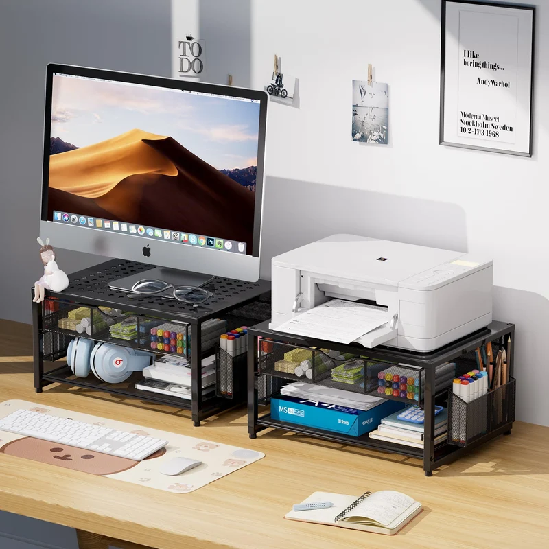 Marbrasse 2-Tier Druckerständer und Aufbewahrung,Monitor Stand with Drawer and 2 Pen Holders,Büroartikel Organizer aus Metall,Mehrzweck Schreibtisch Organizer für Faxgerät Scanner Computer (Schwarz)