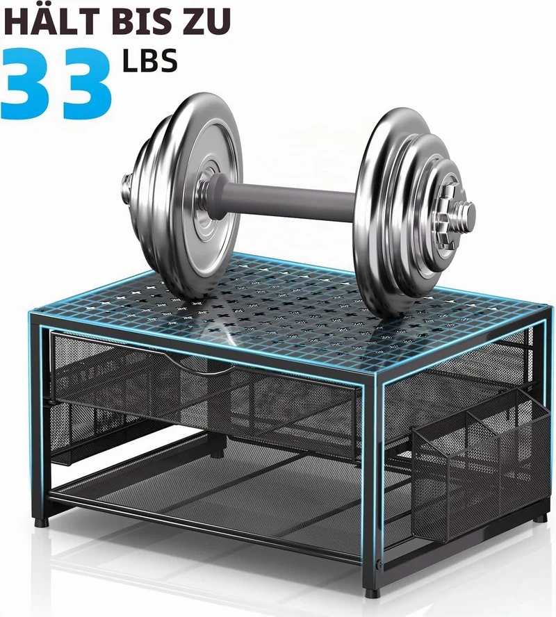 Marbrasse 2-Tier Druckerständer und Aufbewahrung,Monitor Stand with Drawer and 2 Pen Holders,Büroartikel Organizer aus Metall,Mehrzweck Schreibtisch Organizer für Faxgerät Scanner Computer (Schwarz)