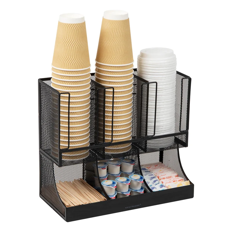 Mind Reader Aufbewahrungsbox für Pausenraum, Kaffee, Gewürze und Tassen, 6 Fächer, schwarzes Metallgeflecht