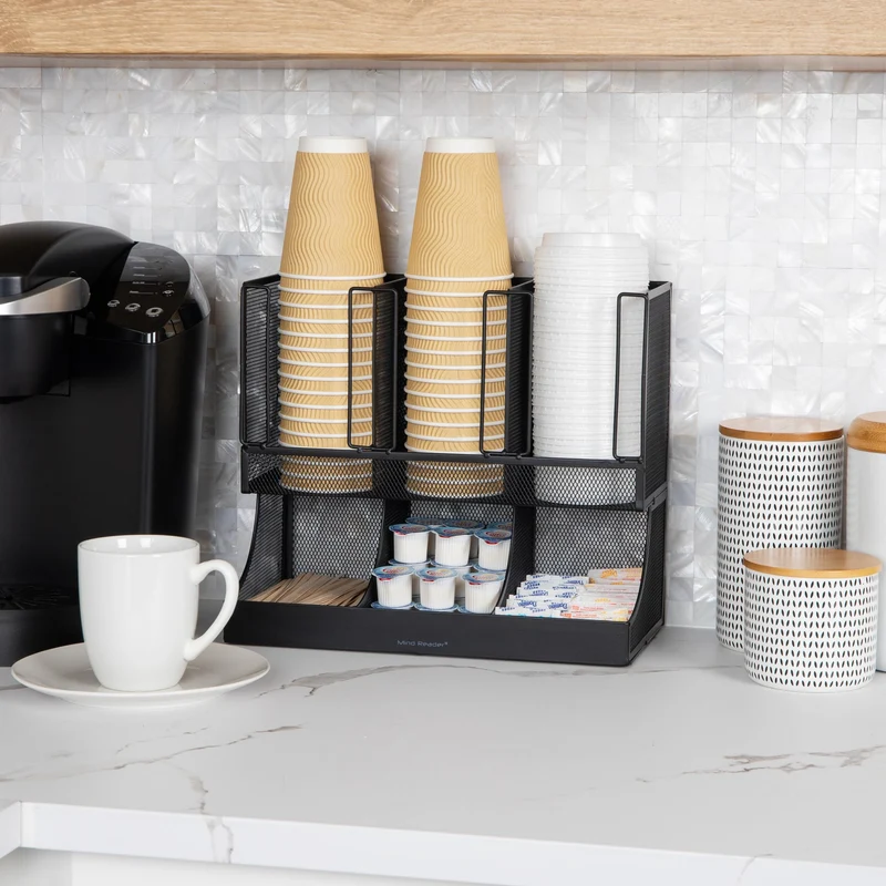 Mind Reader Aufbewahrungsbox für Pausenraum, Kaffee, Gewürze und Tassen, 6 Fächer, schwarzes Metallgeflecht