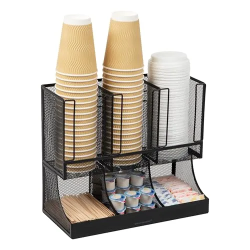 Mind Reader Aufbewahrungsbox für Pausenraum, Kaffee, Gewürze und Tassen, 6 Fächer, schwarzes Metallgeflecht
