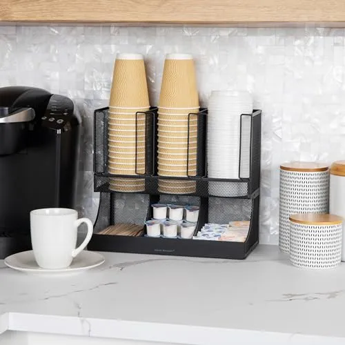 Mind Reader Aufbewahrungsbox für Pausenraum, Kaffee, Gewürze und Tassen, 6 Fächer, schwarzes Metallgeflecht