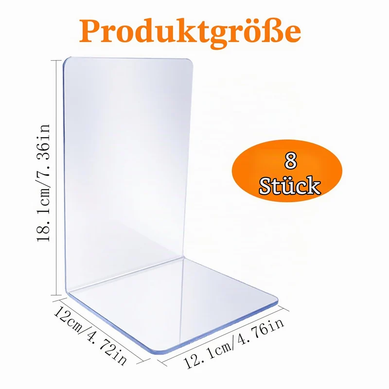8 Stück Buchstützen aus Acryl, transparente Bücherhalter 10x10x13 cm – rutschfeste Bookends für Regal, Büro, Kinderzimmer & Homeoffice