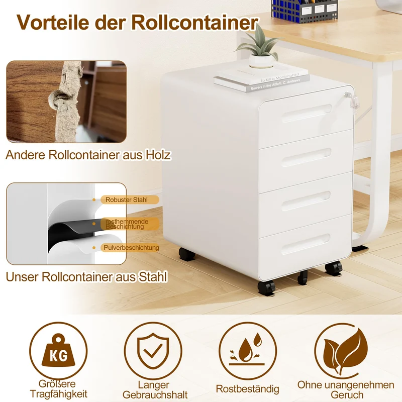 Rollcontainer, Mobiler Aktenschrank mit Schloss, Abgerundeten Ecken, 4 Schlüssel, 4 Schubladen, Büroschrank aus Metall, Bereits Vormontiert, für Büro, Heimbüro, 46T x 40B x 64H cm, Weiß