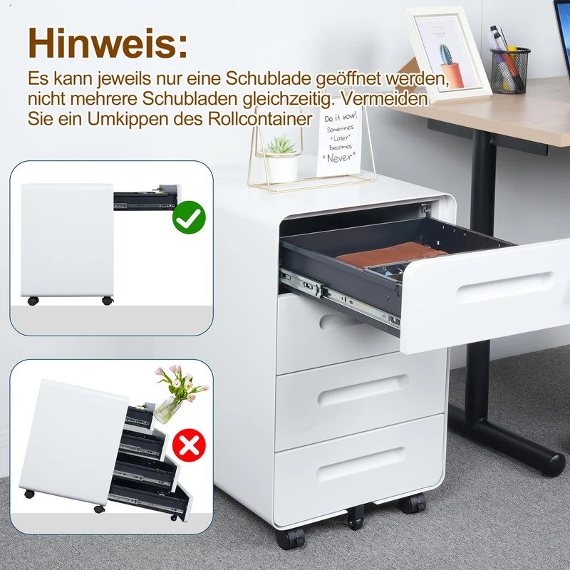 Rollcontainer, Mobiler Aktenschrank mit Schloss, Abgerundeten Ecken, 4 Schlüssel, 4 Schubladen, Büroschrank aus Metall, Bereits Vormontiert, für Büro, Heimbüro, 46T x 40B x 64H cm, Weiß