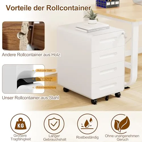 Rollcontainer, Mobiler Aktenschrank mit Schloss, Abgerundeten Ecken, 4 Schlüssel, 4 Schubladen, Büroschrank aus Metall, Bereits Vormontiert, für Büro, Heimbüro, 46T x 40B x 64H cm, Weiß