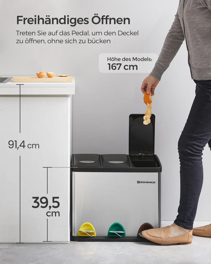 SONGMICS Mülleimer für die Küche, Treteimer mit 3 Fächern, 3 x 8 Liter