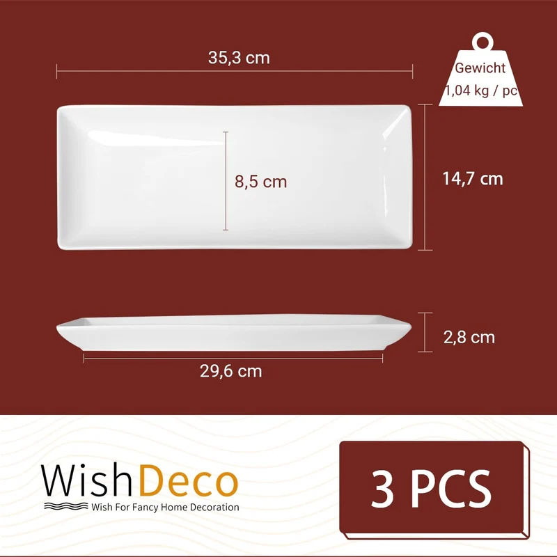 WishDeco Servierplatte 3er Set, Servierplatten Porzellan 35x15 cm