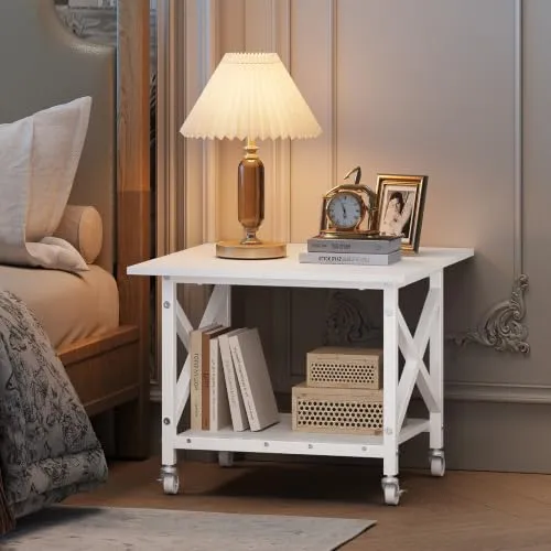 VEDECASA 2 Ebenen Druckerständer mit Rollen, Großer Druckertisch 60x60cm, Stabiler Druckerwagen mit Ablage und X-Rahmen für Büro und Home Office, Weiß, Passt Fuer Grosse Drucker, Leicht Beweglich,Weiß