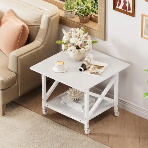 VEDECASA 2 Ebenen Druckerständer mit Rollen, Großer Druckertisch 60x60cm, Stabiler Druckerwagen mit Ablage und X-Rahmen für Büro und Home Office, Weiß, Passt Fuer Grosse Drucker, Leicht Beweglich,Weiß
