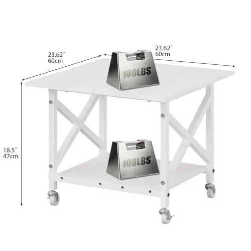 VEDECASA 2 Ebenen Druckerständer mit Rollen, Großer Druckertisch 60x60cm, Stabiler Druckerwagen mit Ablage und X-Rahmen für Büro und Home Office, Weiß, Passt Fuer Grosse Drucker, Leicht Beweglich,Weiß