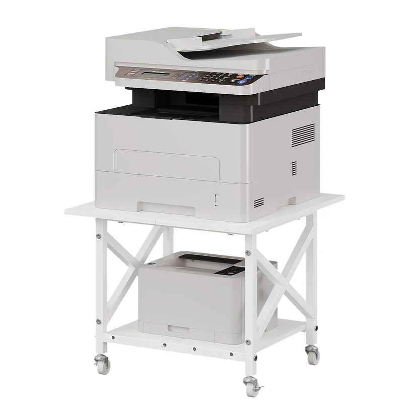 VEDECASA 2 Ebenen Druckerständer mit Rollen, Großer Druckertisch 60x60cm, Stabiler Druckerwagen mit Ablage und X-Rahmen für Büro und Home Office, Weiß, Passt Fuer Grosse Drucker, Leicht Beweglich,Weiß