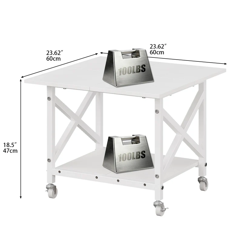 VEDECASA 2 Ebenen Druckerständer mit Rollen, Großer Druckertisch 60x60cm, Stabiler Druckerwagen mit Ablage und X-Rahmen für Büro und Home Office, Weiß, Passt Fuer Grosse Drucker, Leicht Beweglich,Weiß