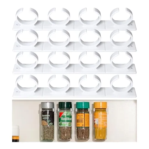 Gewürze Organizer zum Kleben, für bis 16 Gewürzdosen, Weiss, für Gewürz-Streuer mit Ø 33 - 45 mm und max. 150 Gramm, Gewürz Halterung für Gewürzgläser, Schrankeinsatz Gewürzregal, Glashalter Schrank