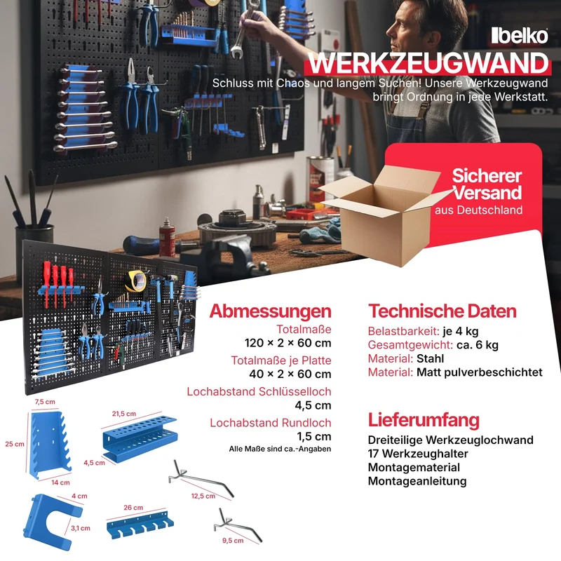 Werkzeuglochwand aus Metall mit 17tlg. Hakenset, ca. 120 x 60 x 1,5 cm, Werkzeug-wand Loch-wand für Werkstatt, Blau, Panorama24…