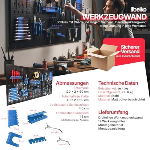 Werkzeuglochwand aus Metall mit 17tlg. Hakenset, ca. 120 x 60 x 1,5 cm, Werkzeug-wand Loch-wand für Werkstatt, Blau, Panorama24…