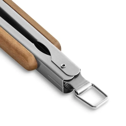 BURNHARD® Lange Edelstahl Grillzange (45 cm) Akazien-Holzgriff, Grill-Zubehör, Aufhänge-Ösen