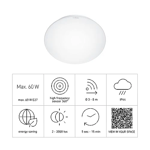 Steinel Innenleuchte RS 16 S L, Wandleuchte, Deckenleuchte, 360° Bewegungsmelder, 8 m Reichweite, E 27 Fassung, Max. 60 W, Weiß
