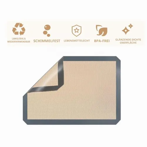 Backmatte aus Silikon Wiederverwendbare Backfolie .42x29.5 cm - 2er Set Antihaft Beschichtung, Wiederverwendbar, BPA Frei, Für Teig Ausrollen, Kekse, Brot, Pizza, Rutschfest und Hitzebeständig