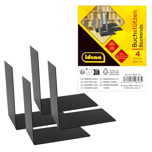 Idena 10843 - Buchstützen Metall, schwarz, 4 Buchständer, 14 x 14 x 8,5 cm, Buchhalter für Bücherregale