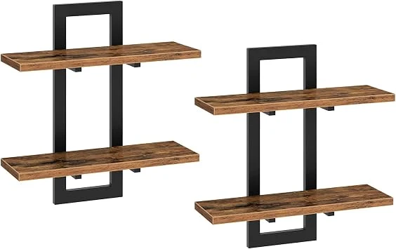 HOOBRO Schwebende Wandregale, 2-stufige Wandboard, Schweberegal 2er-Set, hängende Badezimmerregale, 38 cm Wandregale, für Wohnzimmer, Schlafzimmer, Küche, Vintagebraun und Schwarz EBF32BJ01G1