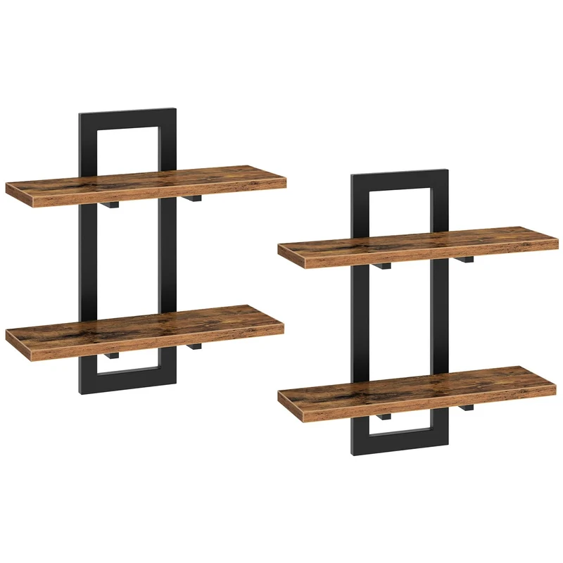HOOBRO Schwebende Wandregale, 2-stufige Wandboard, Schweberegal 2er-Set, hängende Badezimmerregale, 38 cm Wandregale, für Wohnzimmer, Schlafzimmer, Küche, Vintagebraun und Schwarz EBF32BJ01G1