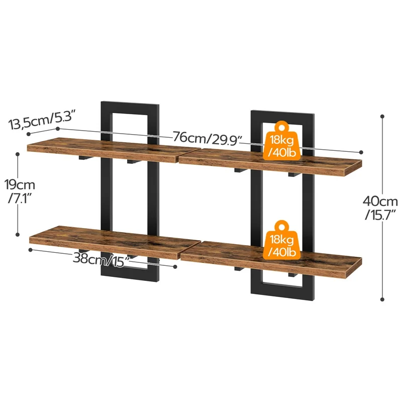 HOOBRO Schwebende Wandregale, 2-stufige Wandboard, Schweberegal 2er-Set, hängende Badezimmerregale, 38 cm Wandregale, für Wohnzimmer, Schlafzimmer, Küche, Vintagebraun und Schwarz EBF32BJ01G1