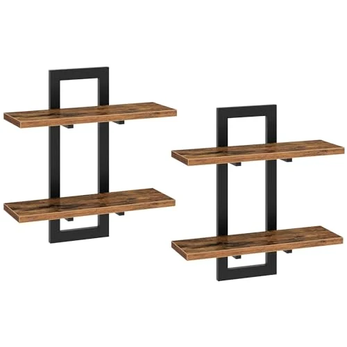 HOOBRO Schwebende Wandregale, 2-stufige Wandboard, Schweberegal 2er-Set, hängende Badezimmerregale, 38 cm Wandregale, für Wohnzimmer, Schlafzimmer, Küche, Vintagebraun und Schwarz EBF32BJ01G1