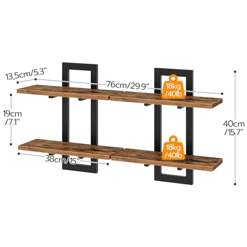 HOOBRO Schwebende Wandregale, 2-stufige Wandboard, Schweberegal 2er-Set, hängende Badezimmerregale, 38 cm Wandregale, für Wohnzimmer, Schlafzimmer, Küche, Vintagebraun und Schwarz EBF32BJ01G1