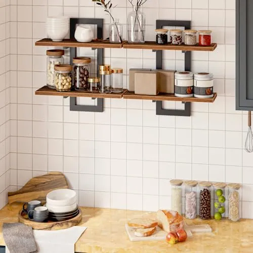 HOOBRO Schwebende Wandregale, 2-stufige Wandboard, Schweberegal 2er-Set, hängende Badezimmerregale, 38 cm Wandregale, für Wohnzimmer, Schlafzimmer, Küche, Vintagebraun und Schwarz EBF32BJ01G1