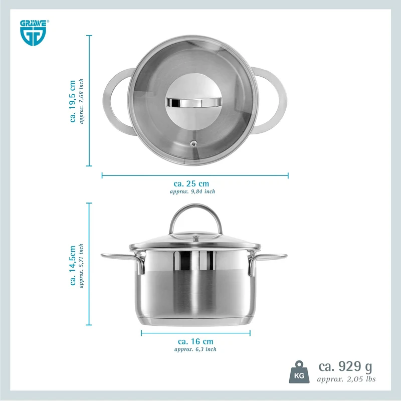 GRÄWE Kochtopf inkl. Glasdeckel, 1,5 l, Spülmaschinengeeignet, Topf für Induktion, klein, Edelstahl, Ø 16 cm, Serie Pro-Line