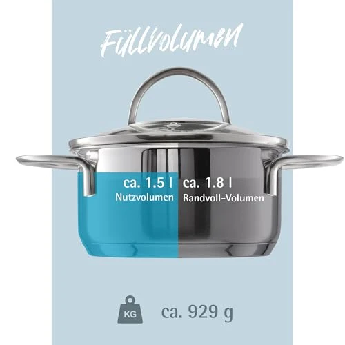 GRÄWE Kochtopf inkl. Glasdeckel, 1,5 l, Spülmaschinengeeignet, Topf für Induktion, klein, Edelstahl, Ø 16 cm, Serie Pro-Line