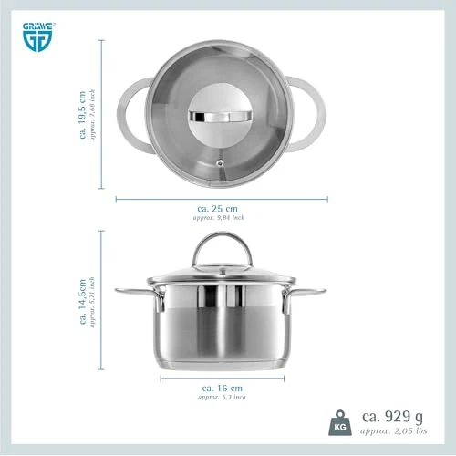 GRÄWE Kochtopf inkl. Glasdeckel, 1,5 l, Spülmaschinengeeignet, Topf für Induktion, klein, Edelstahl, Ø 16 cm, Serie Pro-Line